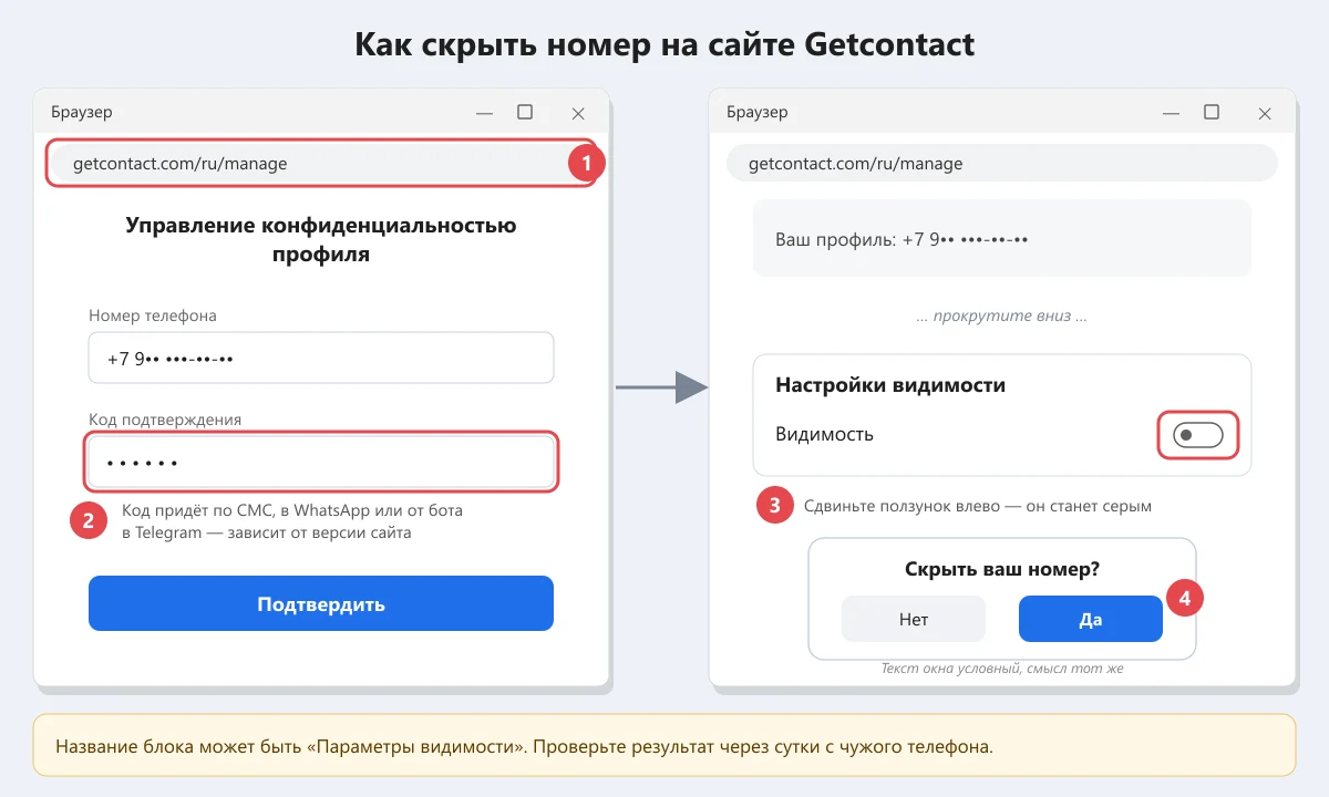 как выключить видимость номера на сайте Getcontact по шагам